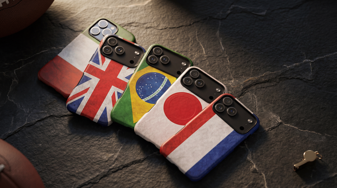 Luxury international flag-inspired MagSafe iPhone cases by VitaAurea arranged in an editorial flat lay with premium minimalist styling