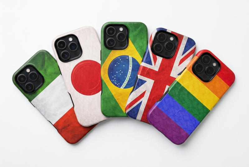 Italian, Japanese, Brazilian, UK, and LGBTQ+ Pride flag MagSafe iPhone cases fanned out on a white surface — VitaAurea Flags Collection.