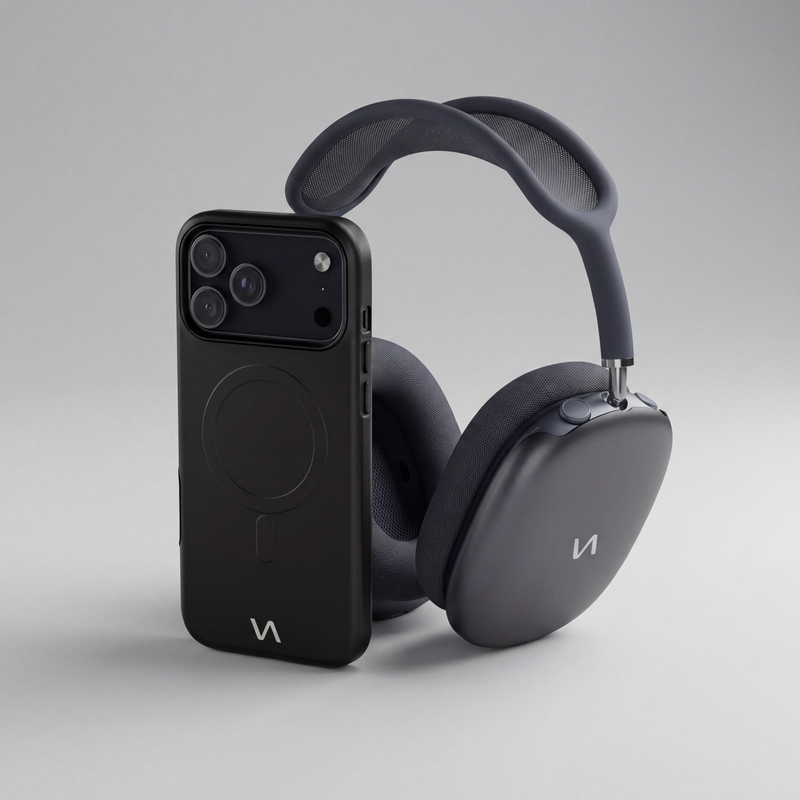 Matching VitaAurea MagSafe iPhone case and AirPods Max ear cup covers bundle in Onyx Black — slim, minimal, and perfectly paired for everyday carry.