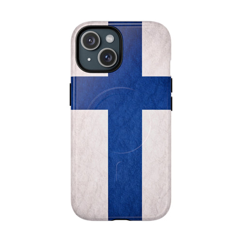 Finnish flag slim MagSafe iPhone case with textured matte finish, front view.