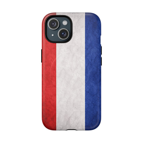 Dutch flag slim MagSafe iPhone case with textured minimalist design.