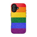 Glossy rainbow LGBTQ+ flag MagSafe iPhone case with slim protective design.