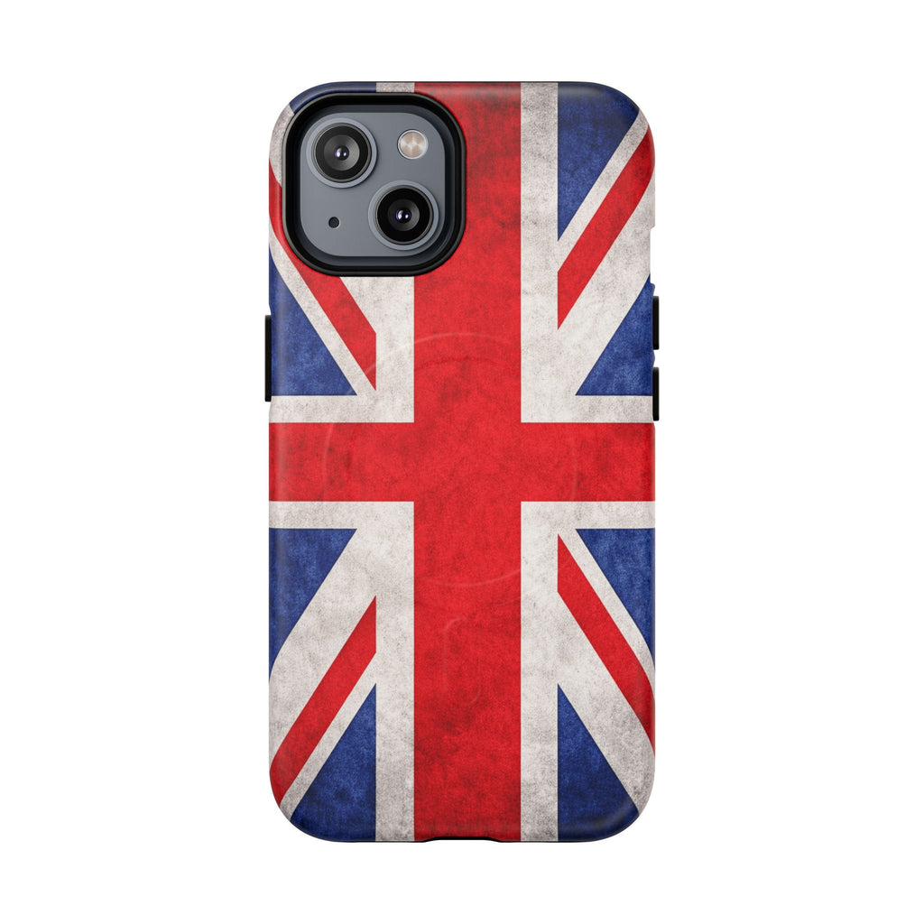 Slim UK flag MagSafe iPhone case with textured vintage design, back view.