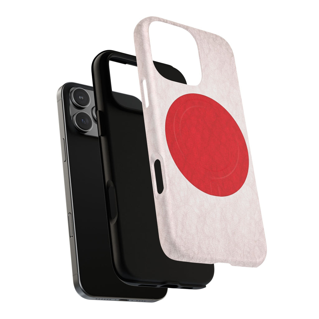 Glossy white MagSafe iPhone case with bold red Japanese flag circle, slim design.
