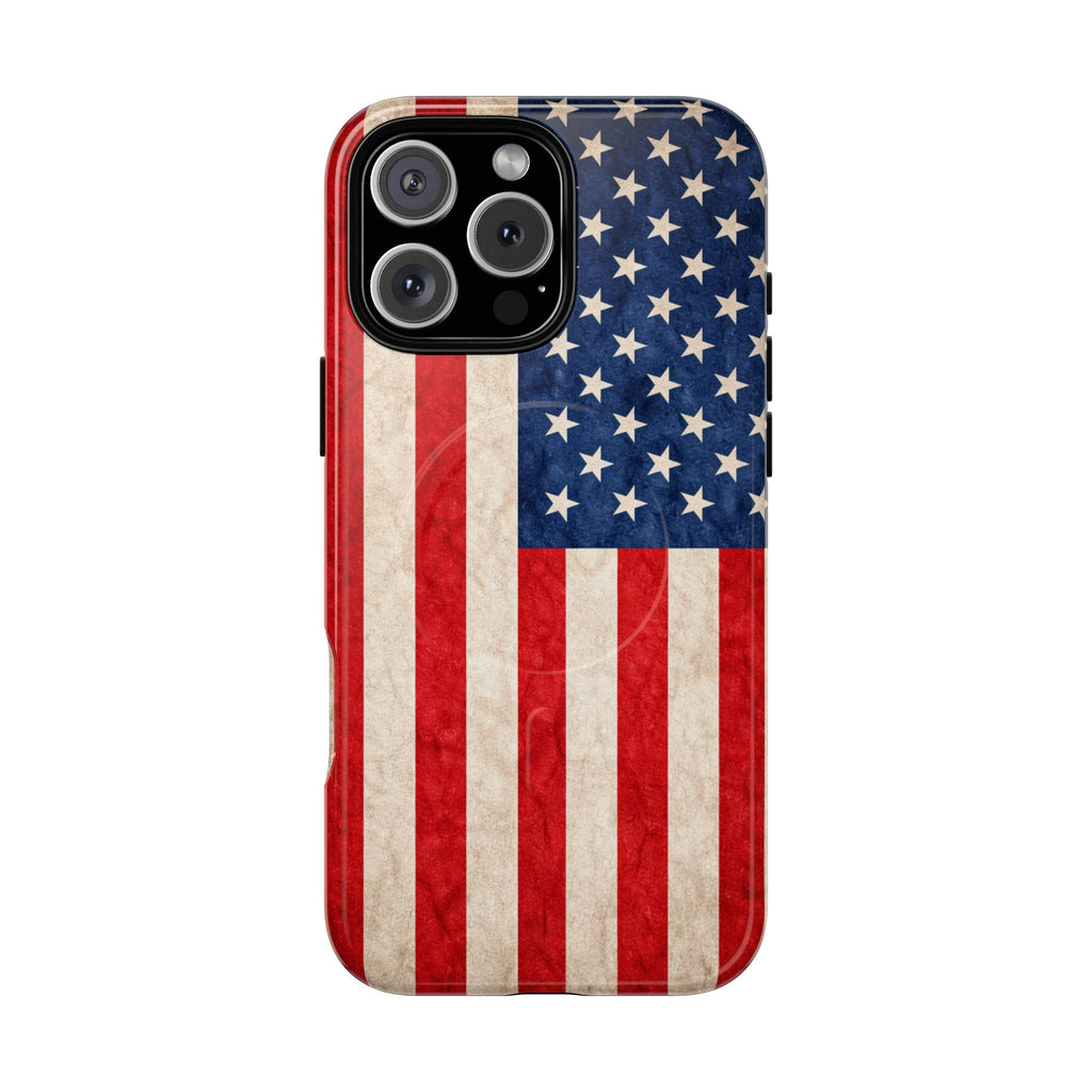 Glossy American flag MagSafe iPhone case with slim protective design.