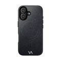 Graphite MagSafe iPhone case with textured finish and minimalist logo.