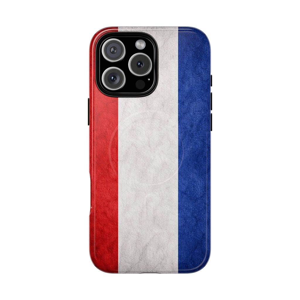 Glossy Dutch flag MagSafe iPhone case with slim, minimalist design.