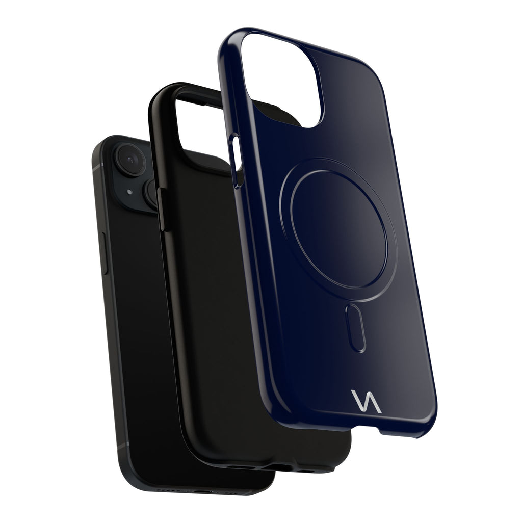 Slim midnight blue MagSafe iPhone case showing back panel and magnetic ring detail.