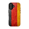 Slim MagSafe iPhone case with textured German flag design, rear view.