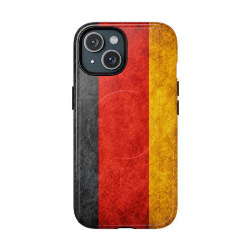 Slim MagSafe iPhone case with textured German flag design, back view.