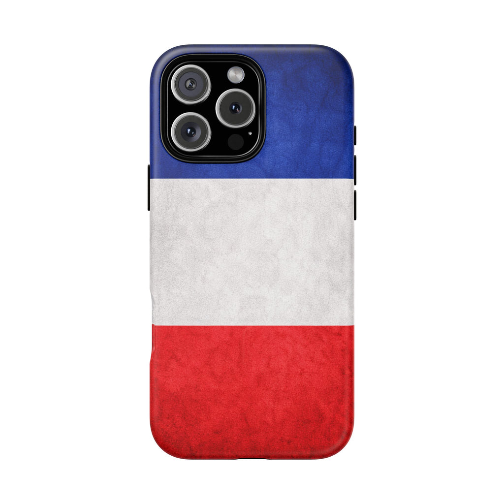 French flag slim MagSafe iPhone case with textured matte finish and camera cutout.