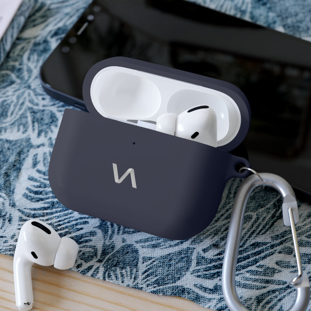 Onyx AirPods Pro case with minimalist logo and attached carabiner clip.