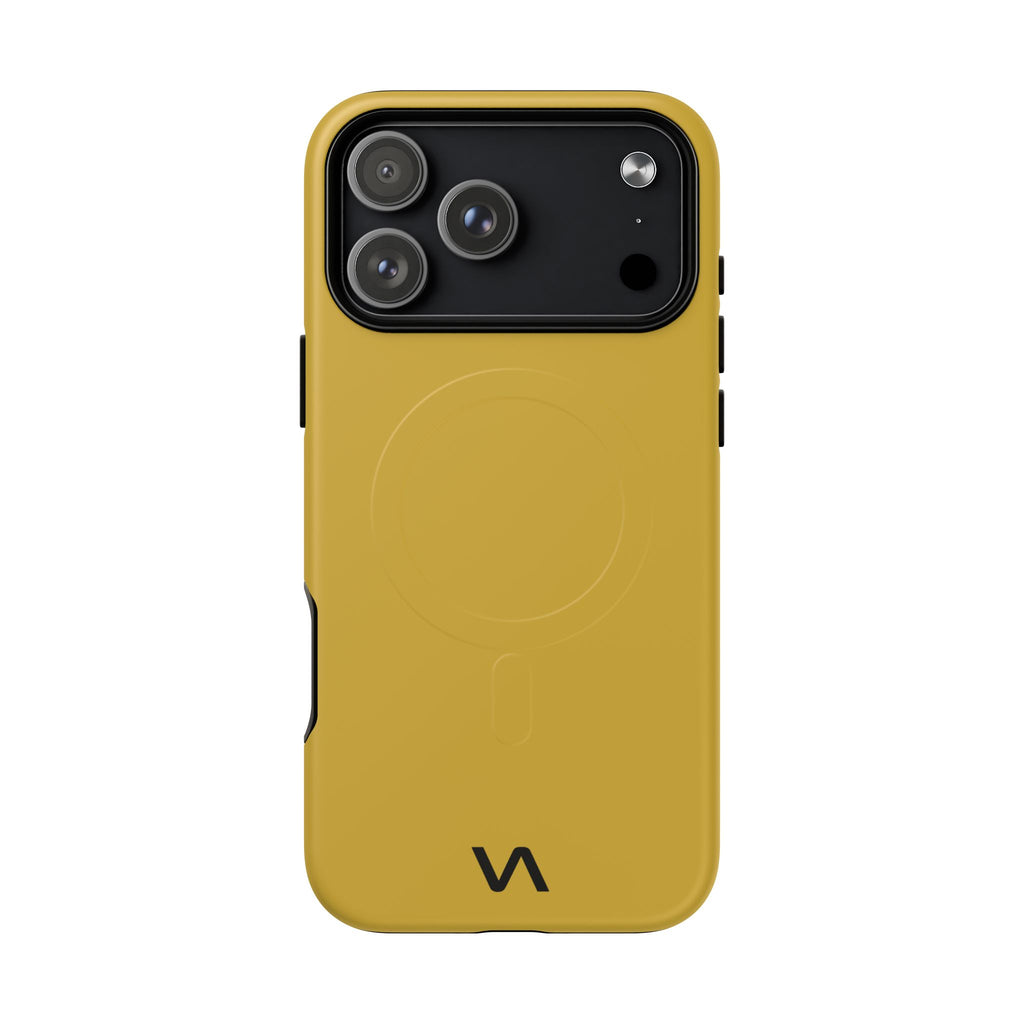 Gold slim MagSafe iPhone case with camera cutout and embossed MagSafe ring.