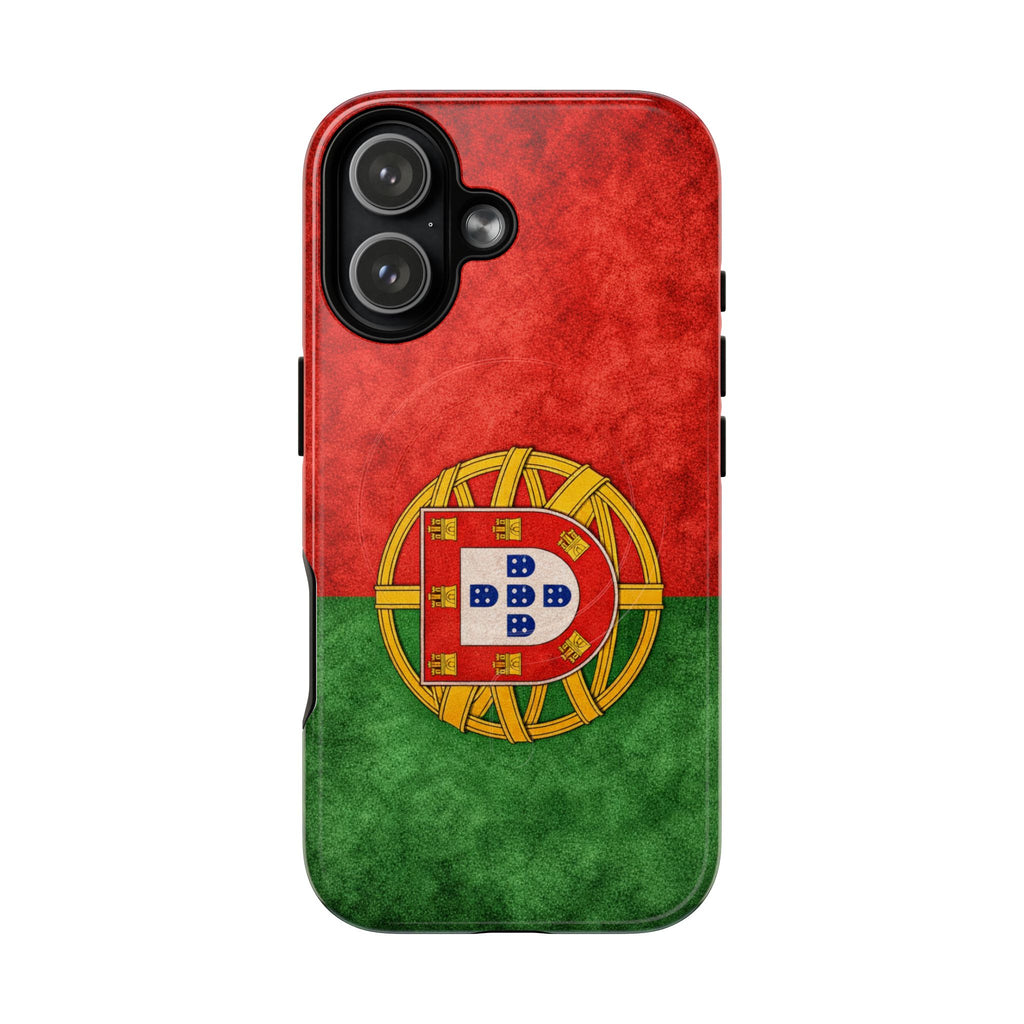 Slim MagSafe iPhone case with textured Portuguese flag design in red and green.