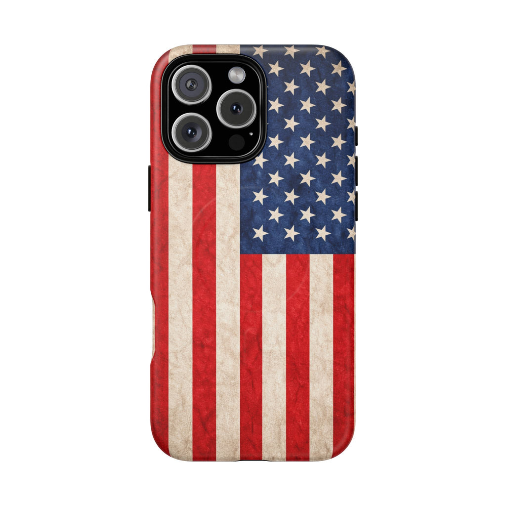 Glossy American flag MagSafe iPhone case with slim, minimalist design.