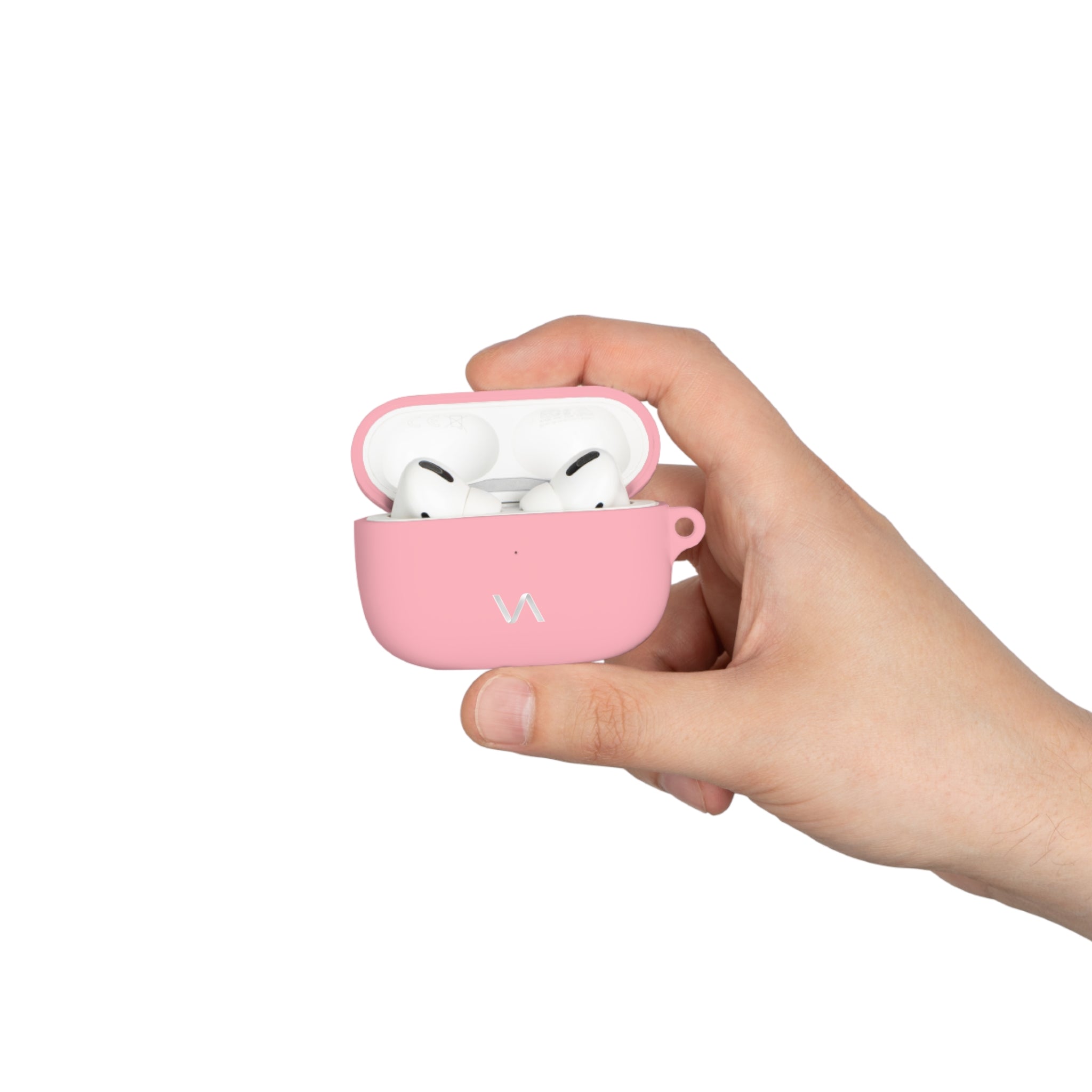 Pink silicone AirPods case with minimalist VitaAurea logo, held in hand.