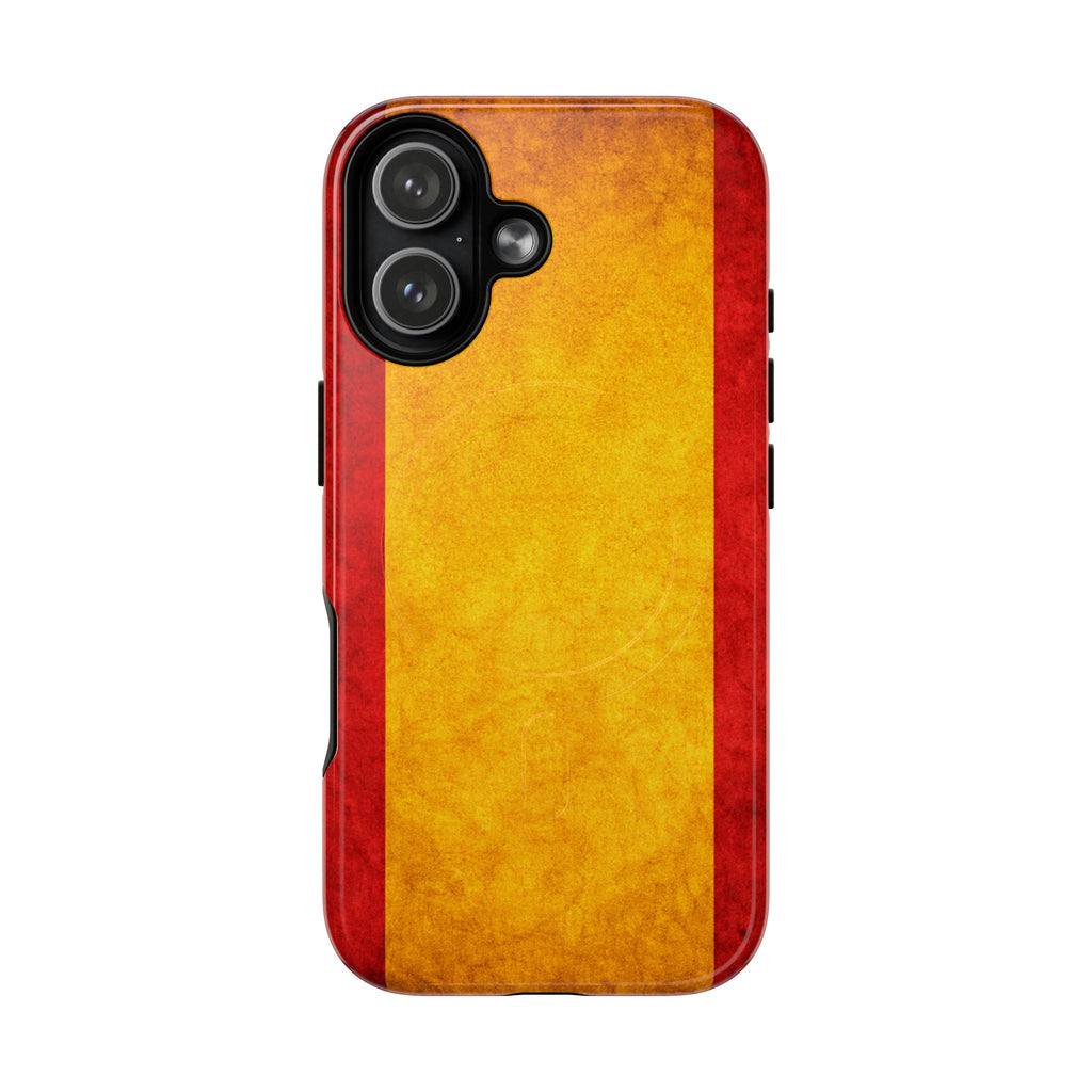 Slim MagSafe iPhone case in vintage Spanish flag colors, back view.