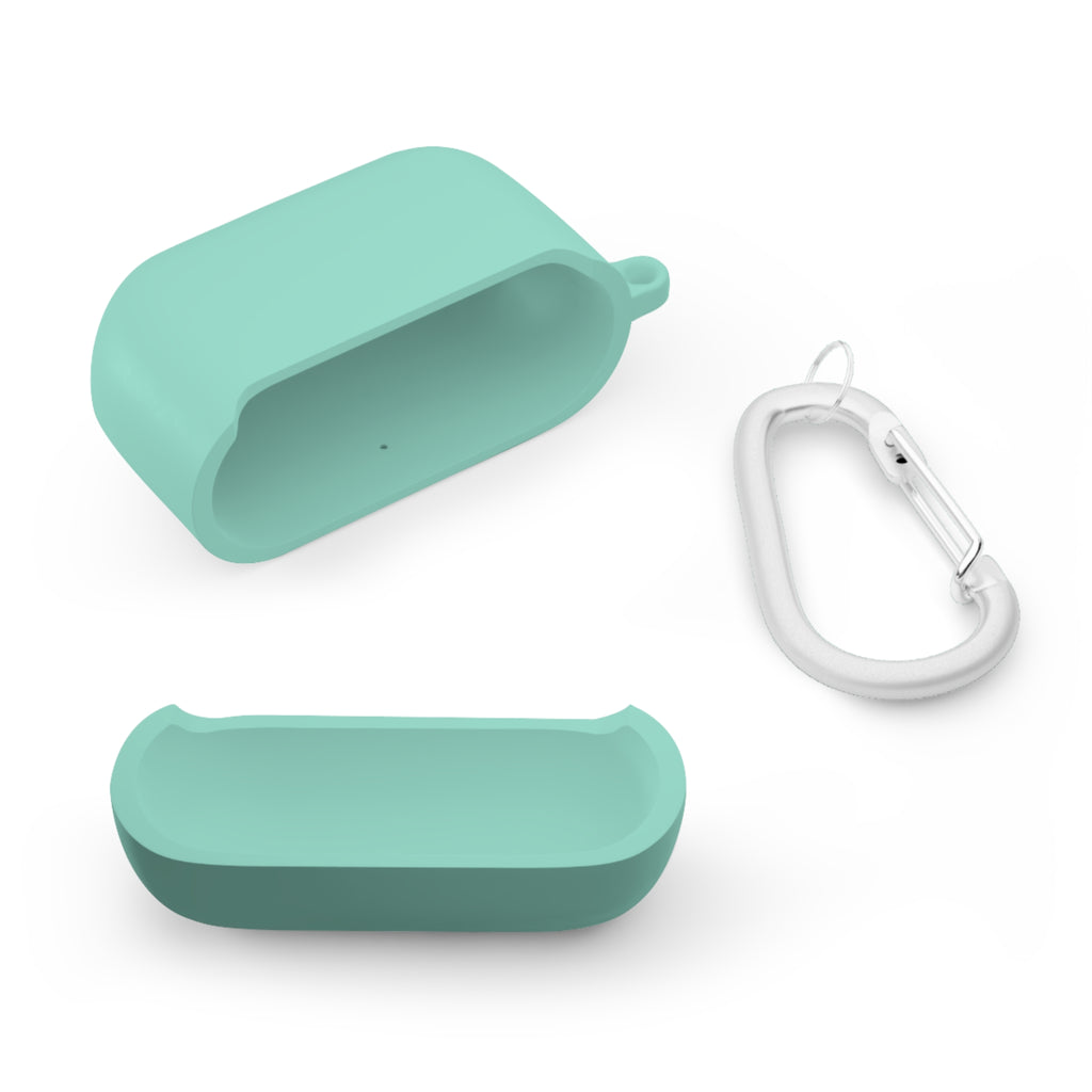 Mint green AirPods case with lid open and white carabiner clip.