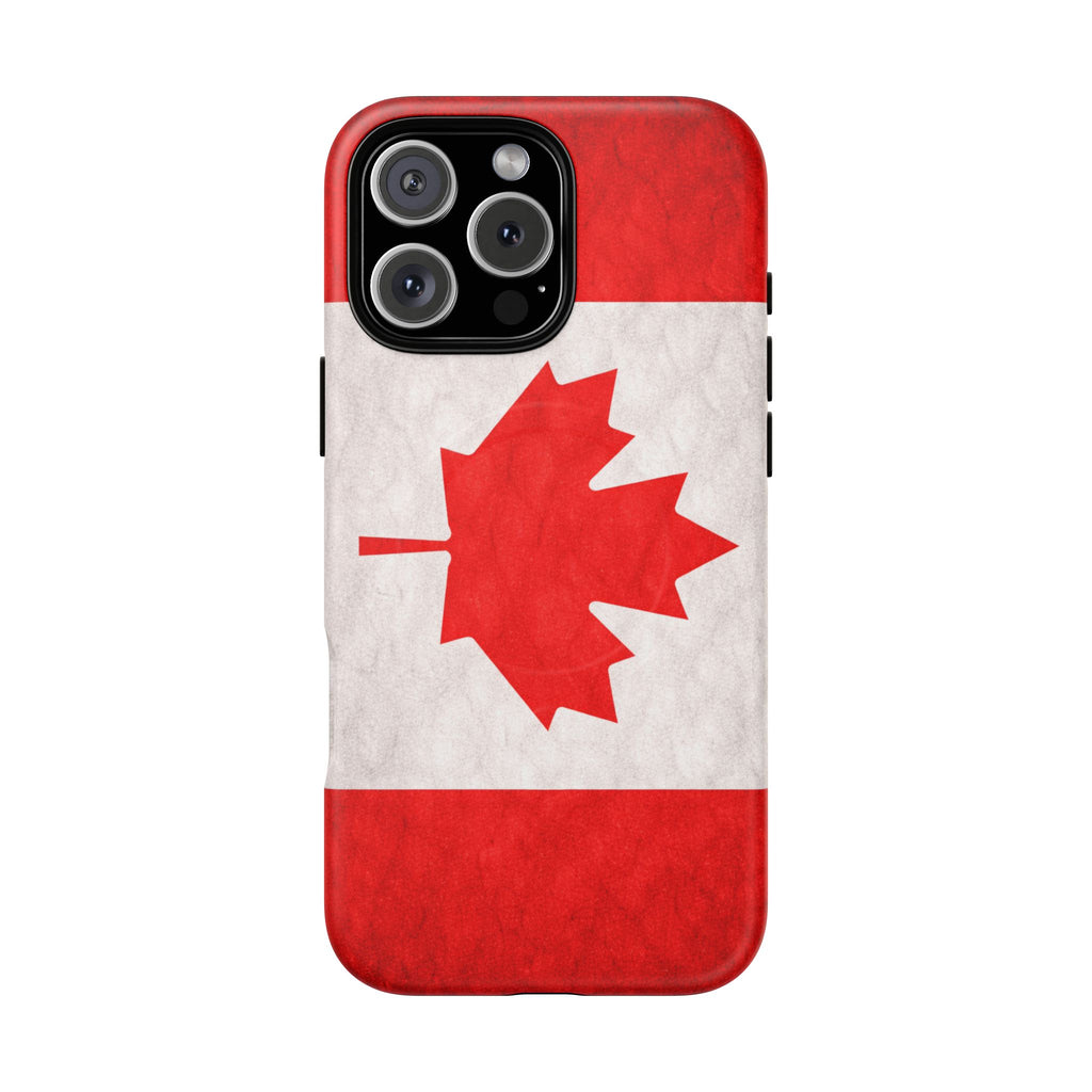Glossy red and white MagSafe iPhone case with Canadian flag design, slim profile.