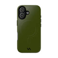 Olive green slim MagSafe iPhone case with minimalist design and camera cutout.