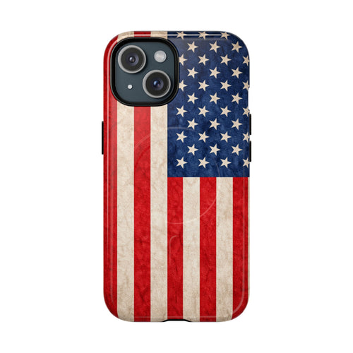 Glossy American flag MagSafe iPhone case with slim, minimalist design.