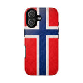 Glossy red Norwegian flag MagSafe iPhone case showing back with camera cutout.