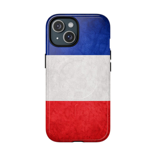 Slim MagSafe iPhone case with glossy French flag design, back view.