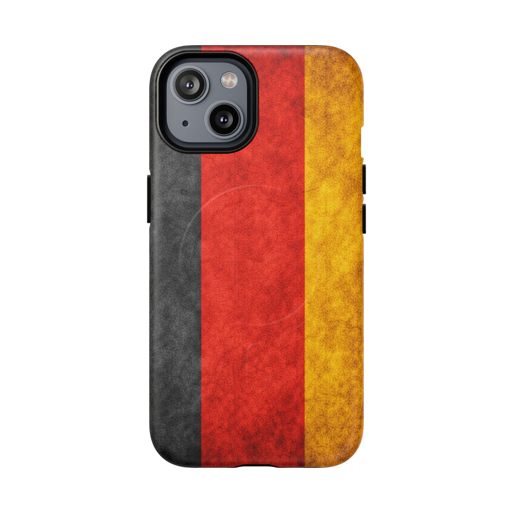 Slim MagSafe iPhone case with textured German flag design and camera cutout.