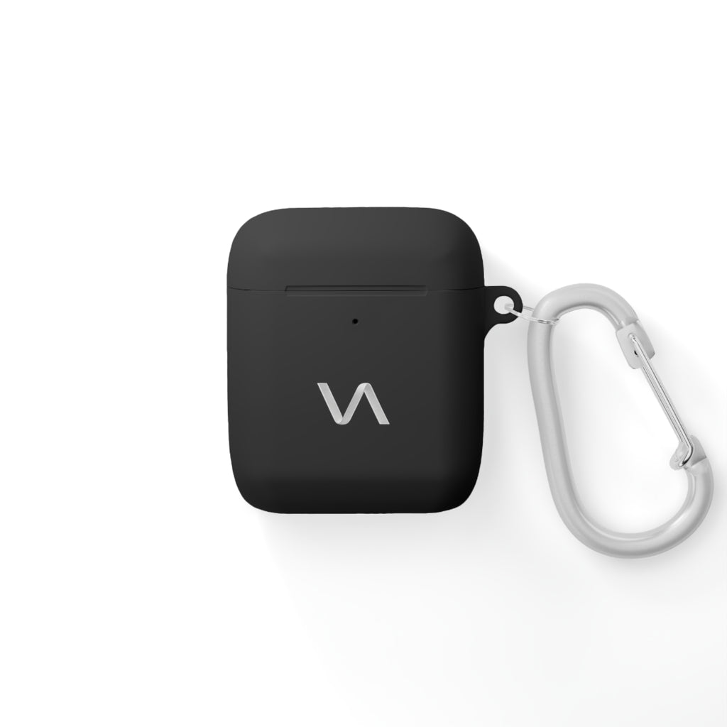 Black silicone AirPods case with minimalist VitaAurea logo and silver carabiner.