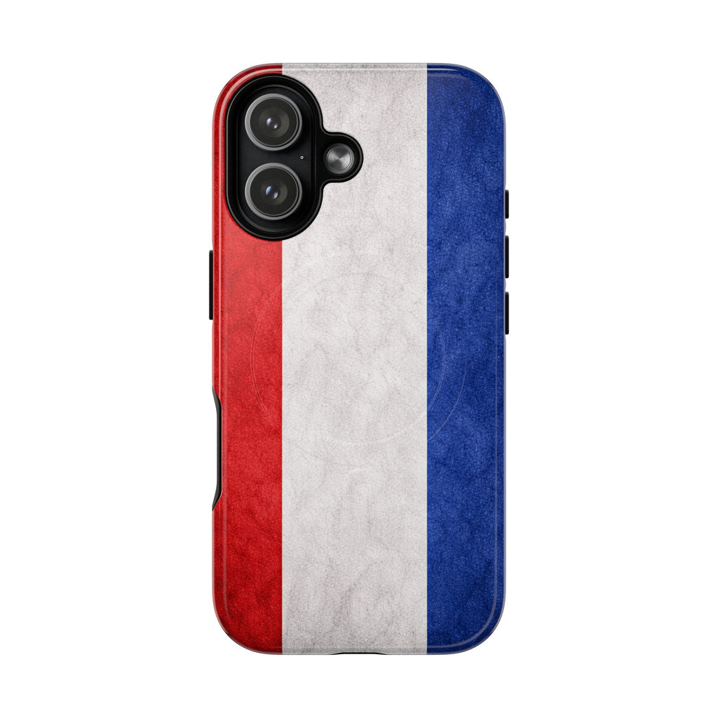 Slim MagSafe iPhone case with glossy Dutch flag design and camera cutout.