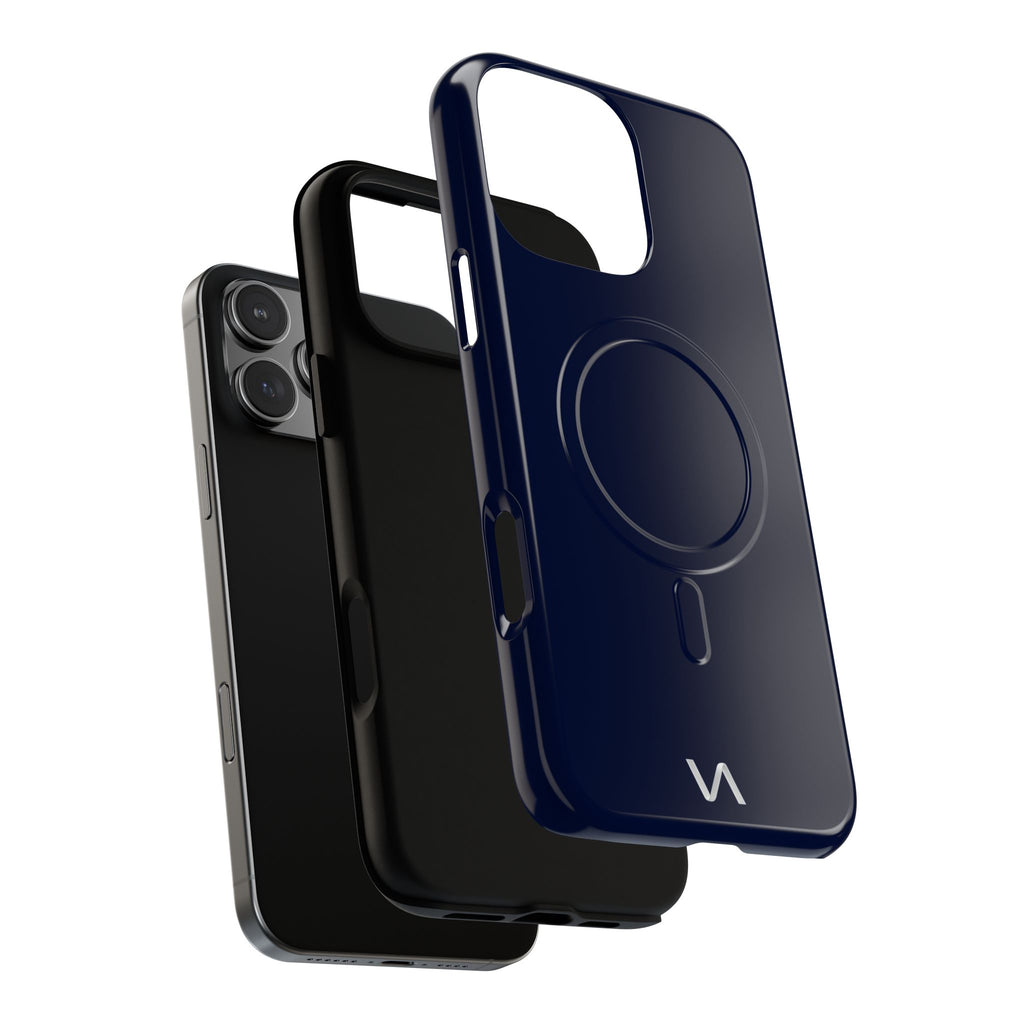 Slim midnight blue MagSafe iPhone case showing magnetic ring and side buttons.