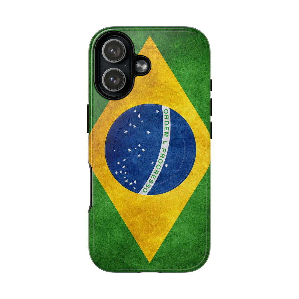 Slim MagSafe iPhone case with vintage Brazilian flag design, textured finish.