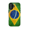 Slim MagSafe iPhone case with vintage Brazilian flag design, textured finish.