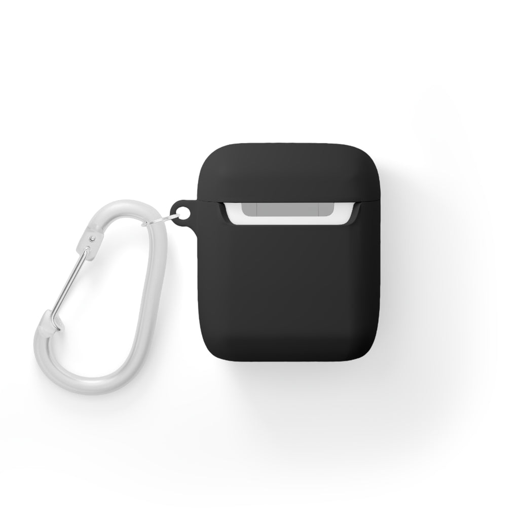 Black silicone AirPods case with minimalist VitaAurea logo and carabiner clip.