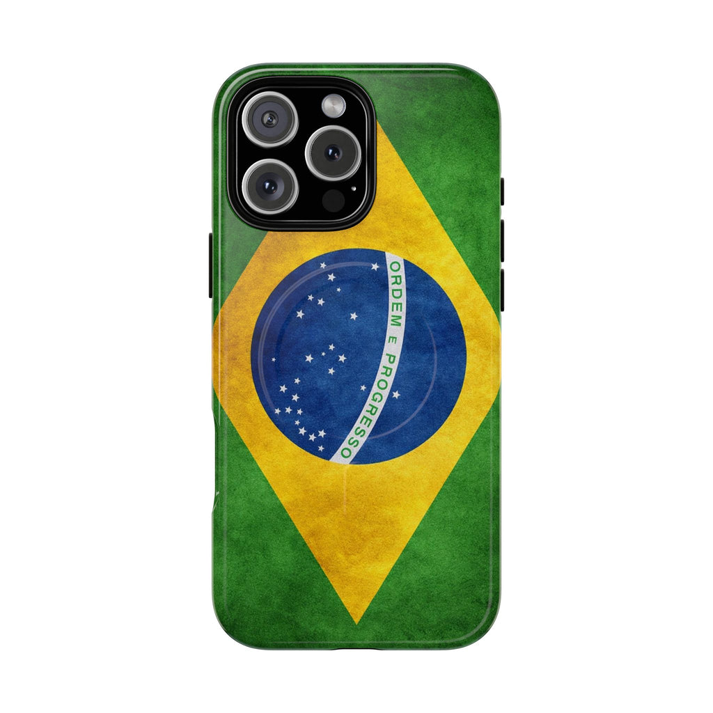 Brazilian flag MagSafe iPhone case with slim, glossy design and camera cutout.