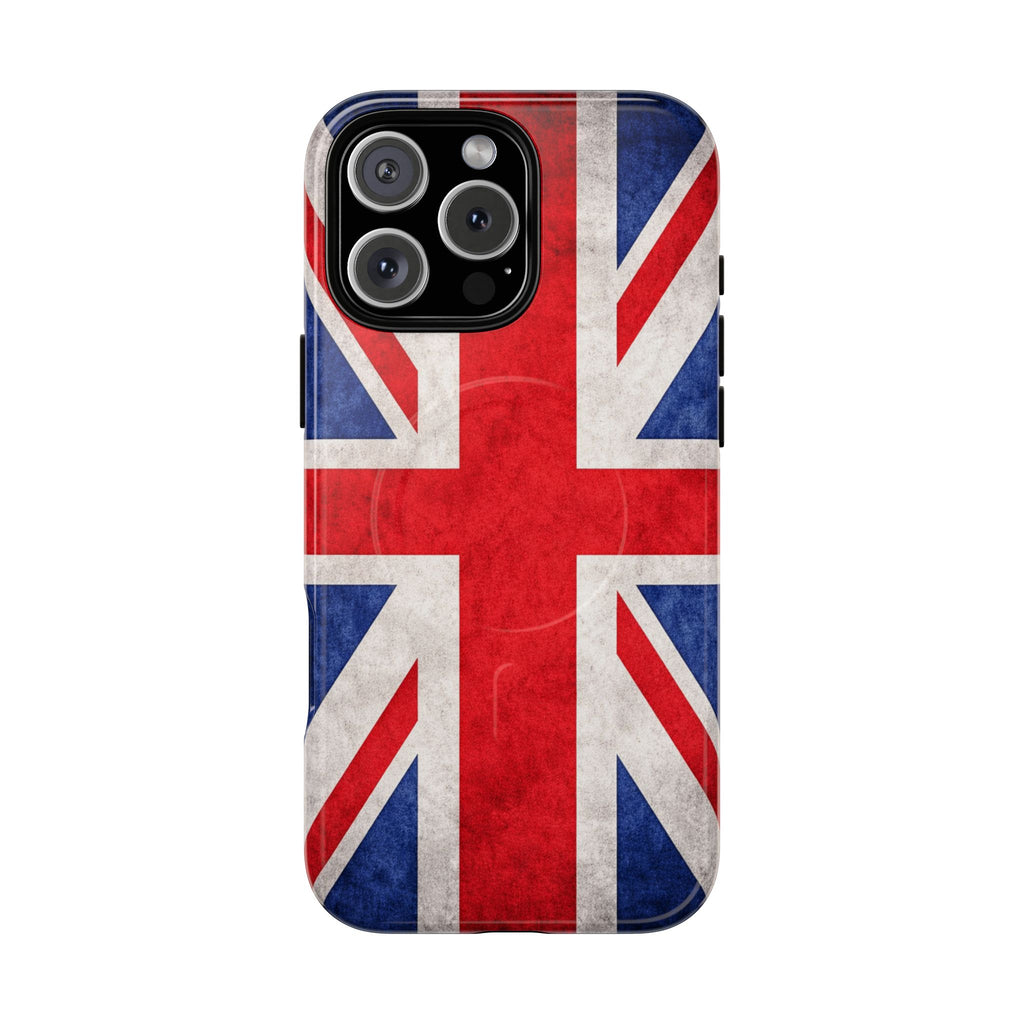 Slim MagSafe iPhone case with textured UK flag design, front view.