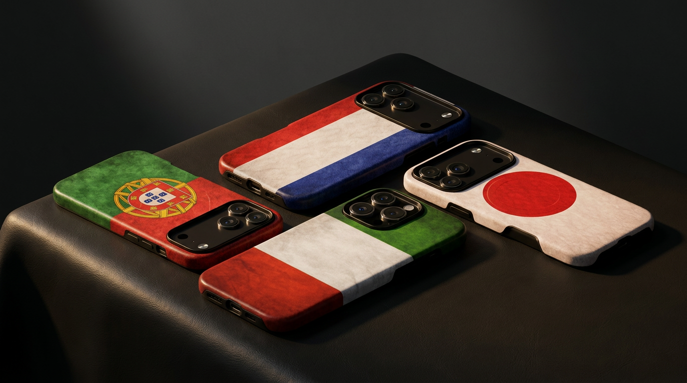 VitaAurea Flags Collection: Portugal, Netherlands, Italy and Japan minimalist flag iPhone cases on a dark surface