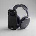 Onyx black MagSafe iPhone case front with matching AirPods Max ear cup covers.