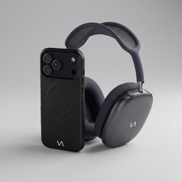 Onyx black MagSafe iPhone case front with matching AirPods Max ear cup covers.