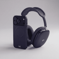 Midnight blue MagSafe iPhone case with AirPods Max ear cup covers, front angle.