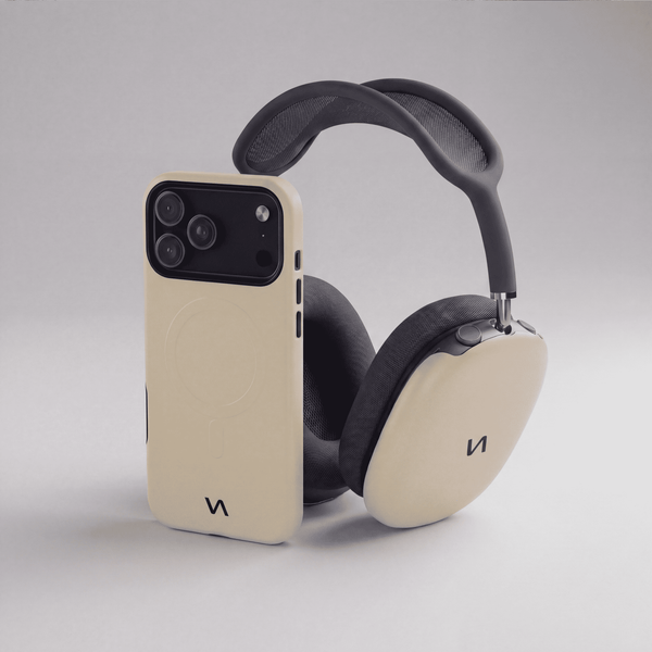 Ivory MagSafe iPhone case and matching AirPods Max ear cup covers side view.