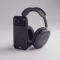 Graphite MagSafe iPhone case with slim profile paired with matching AirPods Max ear cup covers.